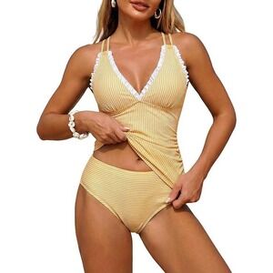 JILLUMI Women Yellow White Striped Modest Ruffle Tankini Swimsuit Set Size M NWT